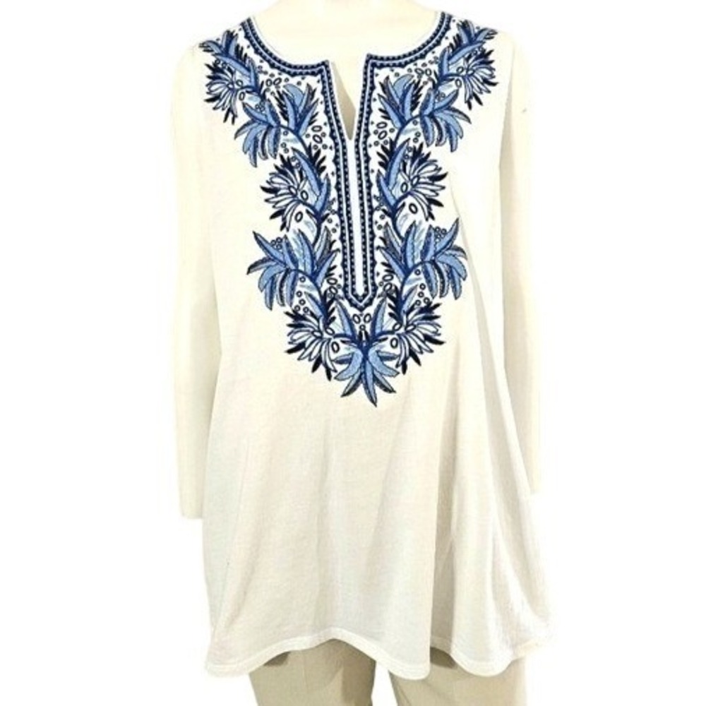 J. Jill Knit Embroidered Tunic Top Knit Cotton Cottage Sleeveless White Blue XL